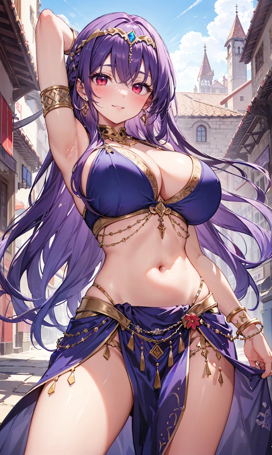 high quality, ultra detailed, best quality, insanely detailed, beautiful, masterpiece, 1girl, medieval plaza, cowboy shot, red eyes, long hair, purple hair, belly dancer, circlet, earrings, armlets, bracelets, bashful smile, large breasts, cleavage, soft stomach