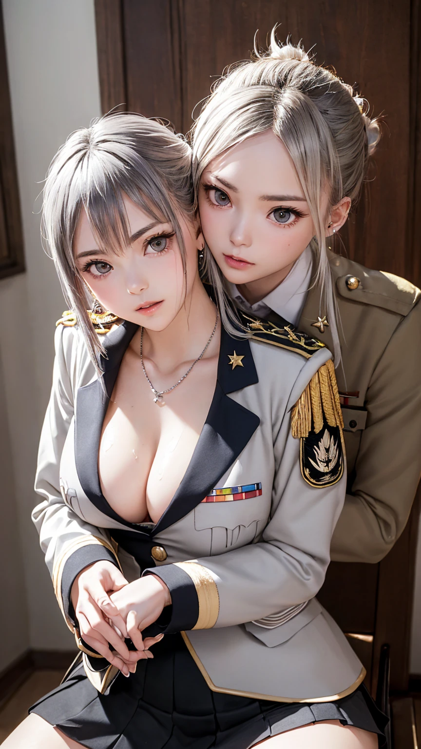 Couples having sexual intercourse、(masterpiece: 1.3), (Maximum resolution: 1.2), (Ultra HD TV: 1.2), Cinematic Light, 8K resolution, Detailed facial features , (Sharp focus: 1.2), (Shoot the whole body with a focus on the face),Perfect Style, Beautiful Face, Acura, Anatomically correct, Highly detailed face and skin quality感, Beautiful Eyes,ThroughkBright Eyes, Natural Cheeks, Glowing Skin, (Glossy Lips: 1.4),、 (A 恥ful expression: 1.2),Highly detailed face and skin quality, Natural Cheeks, , Glossy Lips,Exposed cleavage、(White mucus on chest:1.6)(White mucus on thighs:1.6)、Please open your knees、decision、Glaring at the camera、Spread your legs、Sparkly little earrings and necklace、Disheveled clothes、stockings、Drenched in sweat、stockings 、Long Hair、Clean woman,1 person、、Sit on a chair、Silver Hair、Blue-gray eyes、Green-gray eyes,(Miniskirt military uniform:1.4)、scarf、Commanded by the enemy、Mature figure、Grab your jacket and show your chest