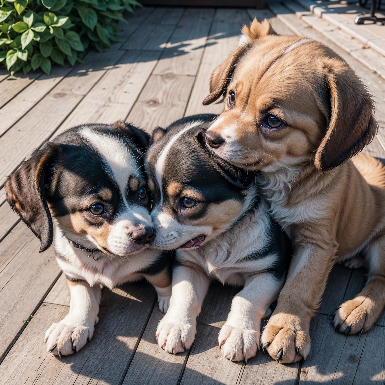Imagine some medium and small dogs playing with each other on an outdoor patio.