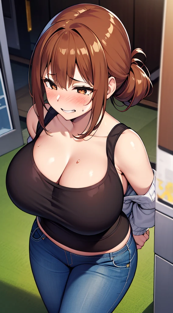 (masterpiece, best quality:1.2), Solitary, A girl, Ogawa Sukeko, ((Brown eyes,beautiful eyes)), Put your hair up,,running,playground,(slimming shirt),((Short vest,Detailed Sweater, jeans pants)),Showing under clothes, Thick body,Long sleeve,bedroom,dimly lit room,(Crushing chest:1.4),(Breasts pressed together:1.1), Five arms,Embarrassing,Smile, blush, CSR style texture, (Huge breasts),full bust,(Willow Waist:1.6),(Thin belly),(slim),((Clothed big tits)),((thin body)),(Slender limbs),slim的身材,breathe,Sweat,giggle,nose blush, Heart-shaped pupil,Embarrassing,troubled face,from above,Big Ass,(Cleavage01.3), (Look away:1.4),(from above)