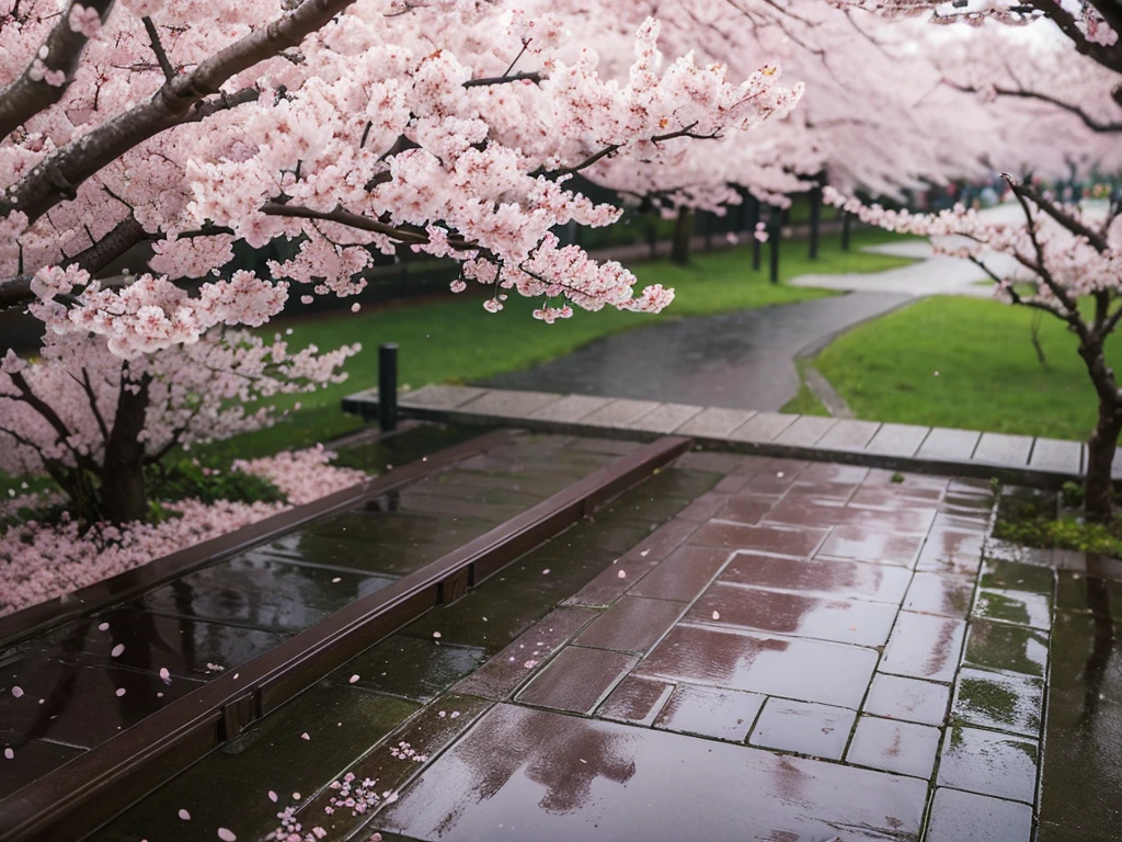 There is a corner of cherry blossoms on the deep path, and with the raindrops falling, the background is blurred to highlight the corner of cherry blossoms in a realistic style.