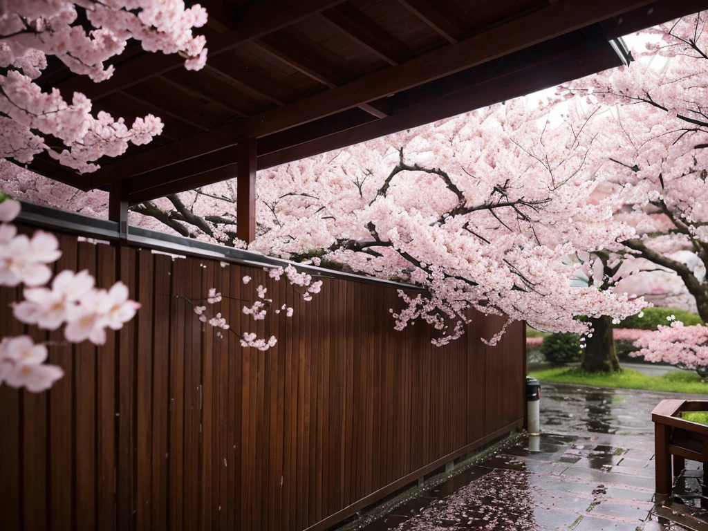 There is a corner of cherry blossoms on the deep path, and with the raindrops falling, the background is blurred to highlight the corner of cherry blossoms in a realistic style.