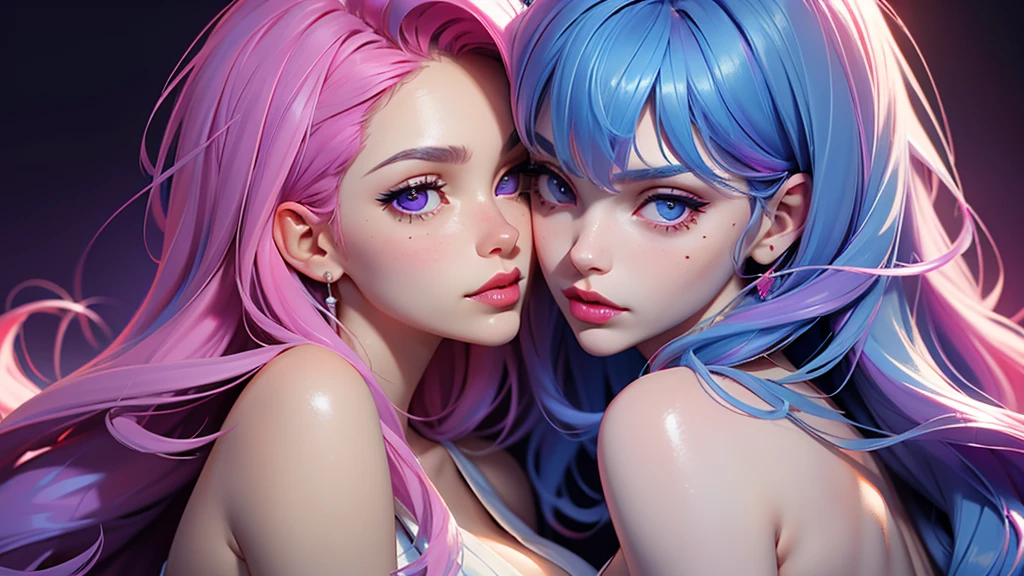 Best Quality, Masterpiece, Portrait, Perfect Anatomy, Femininity, Cool, Flawless, , Solo, Sexy, Stylish, Mature, Purple Eyes, Long Light pink Hair, Mole Above Lip, Red Lipstick, Big Breasts, Kissing Another Girl with Light blue hair,