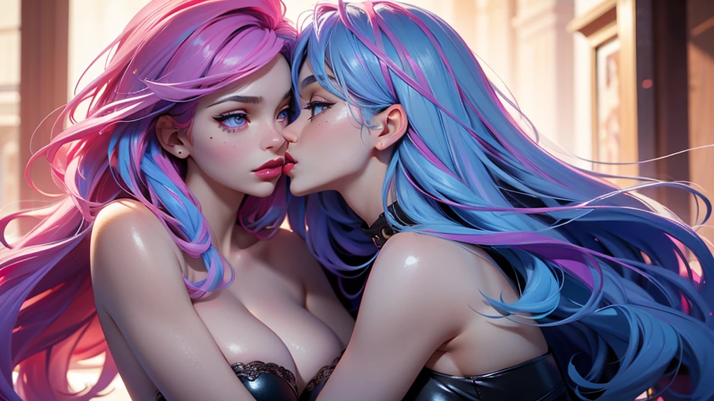 Best Quality, Masterpiece, Portrait, Perfect Anatomy, Femininity, Cool, Flawless, , Solo, Sexy, Stylish, Mature, Purple Eyes, Long Light pink Hair, Mole Above Lip, Red Lipstick, Big Breasts, Kissing Another Girl with Light blue hair,