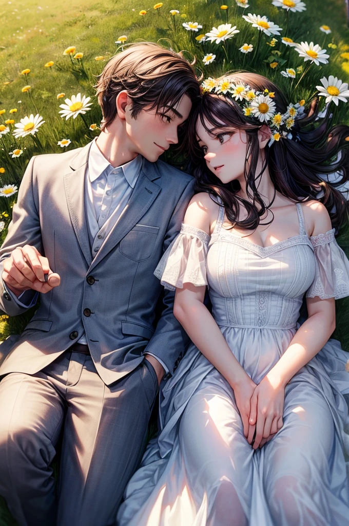 ((best quality)), ((masterpiece)), (detailed), perfect face of the couple starring each other in the middle of the daisy garden.