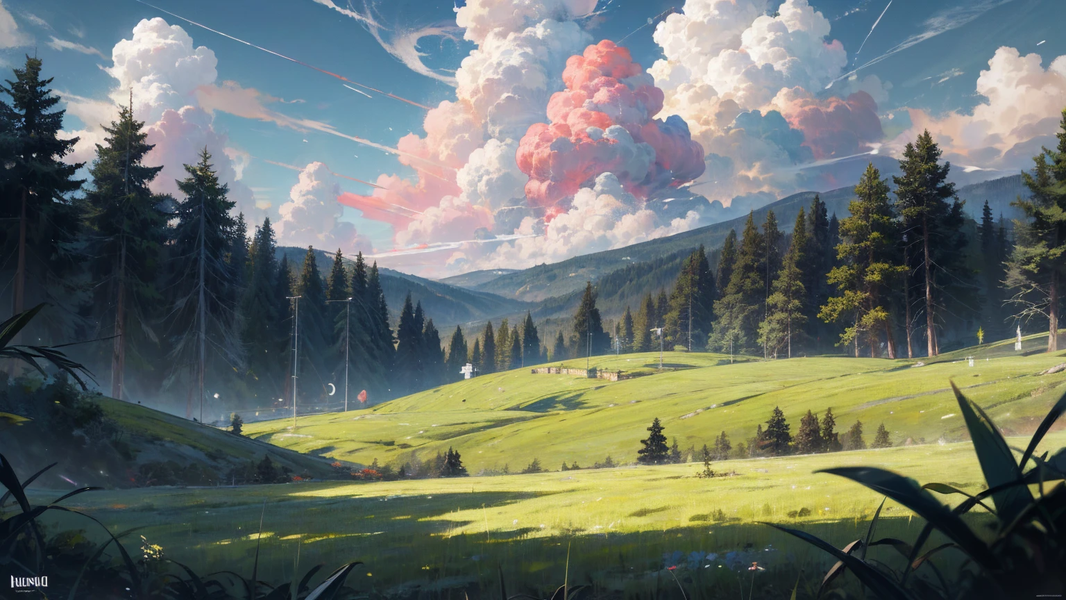 (absurdres, highres, ultra detailed), masterpiece, logo bye-bye, sky, meteor, high speed, forest, meadow, cloud
