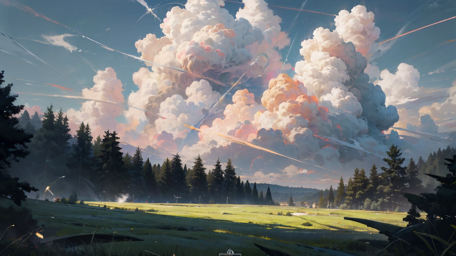 (absurdres, highres, ultra detailed), masterpiece, logo bye-bye, sky, meteor, high speed, forest, meadow, cloud