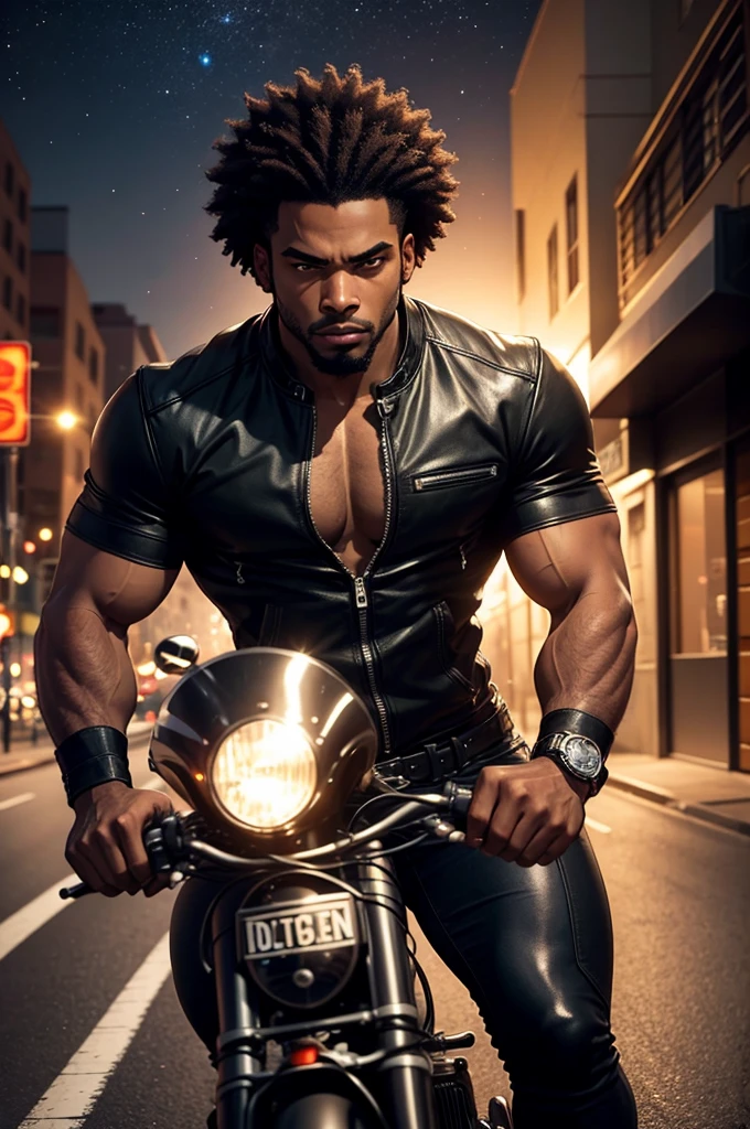 A muscular and sensual young wild afro black werewolf wearing leather jacket and driving a big classic road bike down a deserted road at night with an evil entity watching among the stars