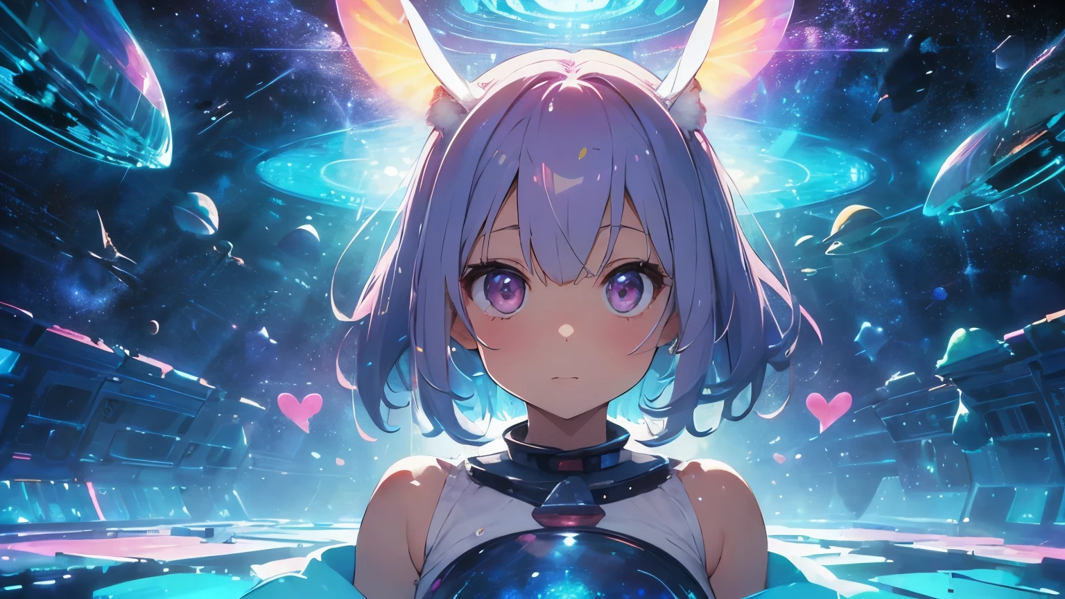 Highest quality, pretty girl, pastel colour, Fluffy bunny ears, Pink short bob hair,Pale pink eyes,Age 25,Melody Mark,Highest quality,Tabletop,1 Female,solo,(Abstract art:1.5),(Psychedelic Theme:1.6),(Gunjo World:1.5),(Lots of animals:1.5),(Space World:1.5),(そこには is a beautiful woman at the center of the world),A ray of light spreads,Heart-shaped gemstone spreading from the center,Diamond dust,
