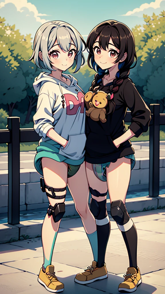 (masterpiece, best quality), best resolution, (2heads:1.5), anime girl with two heads, brown and black hair, short hair, multicolored eyes, stern, braids, white diaper, hoodie, dyed hair, facing viewer, smile, knee brace