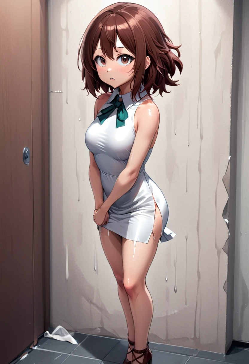 adult content, explicit content, horikoshi kouhei, 1girl, (uraraka ochako standing up against a wall:1.5), absurdres, bangs, white shirt, blush, (sexy white dress that shows legs and ass:1.5), boku no hero academia, breasts, brown eyes, brown hair, clenched hands, commentary request, eyelashes, full body, highres, looking down, medium breasts, medium hair, skin tight, crying, solo, high heels, (she is standing up:1.5), (sexy body:1.5), (show pussy:1.5), (tape gag:1.5), (tied hands:1.5), (wet pussy:1.5)
