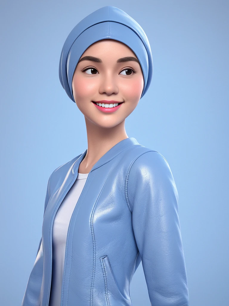 Create a 3D animation of a cartoon caricature with a big head. Full body. A 40 year old Indonesian woman. wearing long hijab, pitch colour and pixie cut. Her face is oval with fine lines, thick and neat black eyebrows, small narrow eyes, a small aquiline nose, and thin lips with a wide and friendly smile. She is wearing a light gray leather jacket over a white t-shirt. Gradient blue background with professional lighting. Masterpiece, best quality, highly detailed skin and face, very realistic, high definition, studio lighting, sharp focus, Concept Art, 3D render.