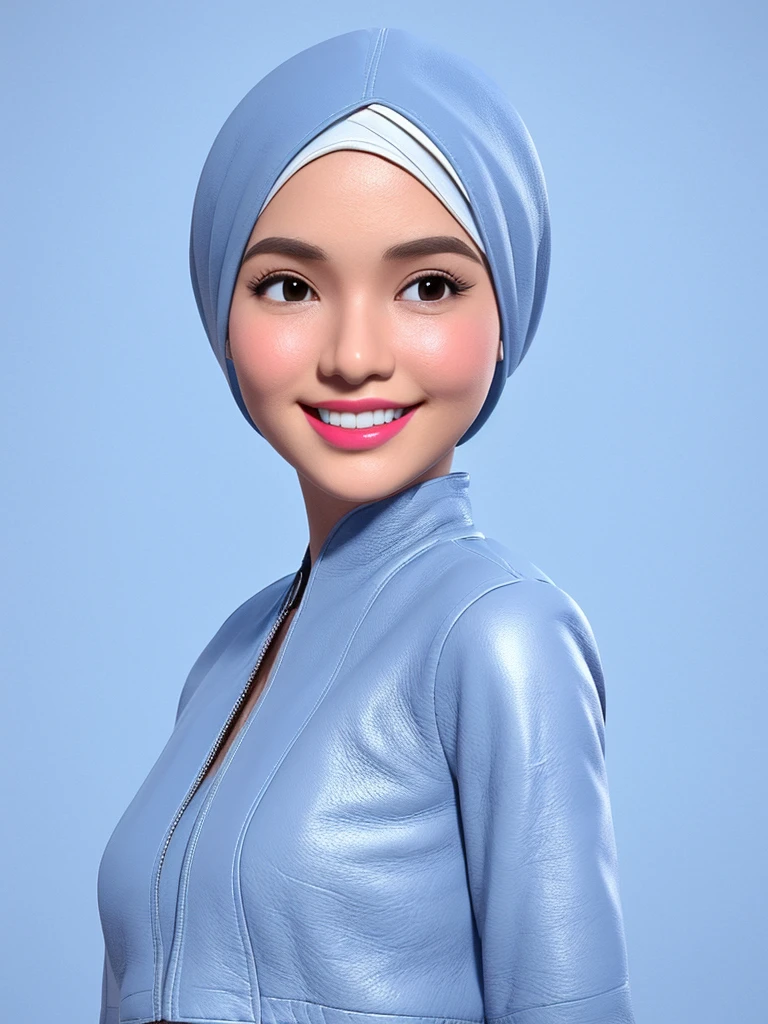 Create a 3D animation of a cartoon caricature with a big head. Full body. A 40 year old Indonesian woman. wearing long hijab, pitch colour and pixie cut. Her face is oval with fine lines, thick and neat black eyebrows, small narrow eyes, a small aquiline nose, and thin lips with a wide and friendly smile. She is wearing a light gray leather jacket over a white t-shirt. Gradient blue background with professional lighting. Masterpiece, best quality, highly detailed skin and face, very realistic, high definition, studio lighting, sharp focus, Concept Art, 3D render. 