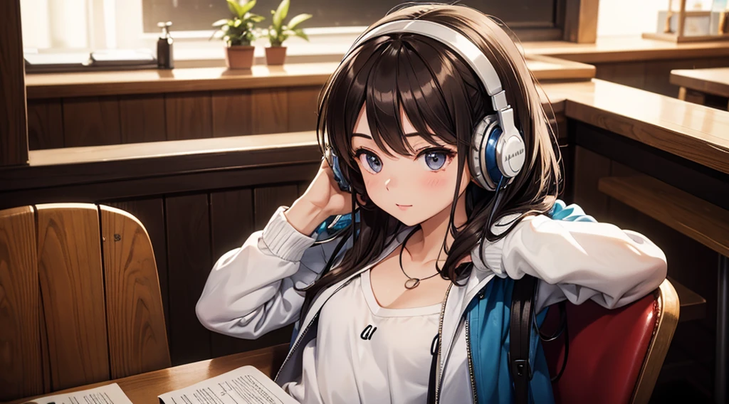 Girl with headphones enjoying music in a cafe I am studying Emphasize a little bit of the chest