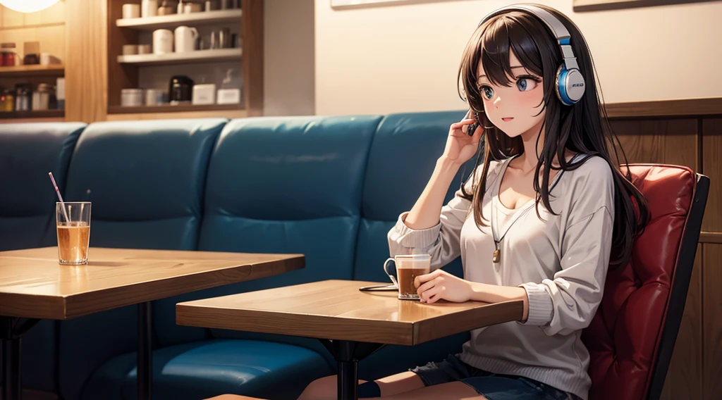 Girl with headphones enjoying music in a cafe I am studying Emphasize a little bit of the chest