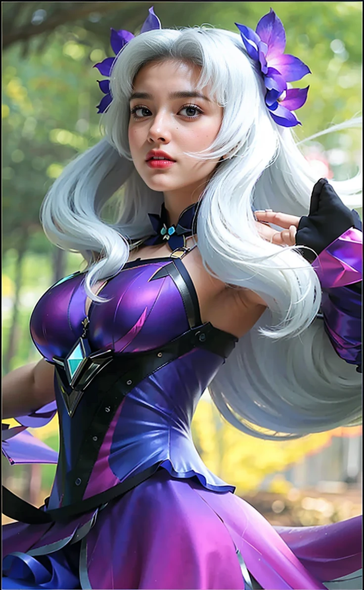 (photorealistic:1.4), best quality, masterpiece, ultra high res, 1girl, (detailed face:1.2), (detailed eyes:1.2), (detailed hair:1.2), (detailed clothes:1.2), 4k, (detailed color:1.2), Ultra detail texture, ulta detail, ultra hight, realistic, 16k, selena (/mobile legends bang-bang/), perfect body, bobs, full body, 1 woman, bokeh, detail eyes, detail face, White hair, scarf