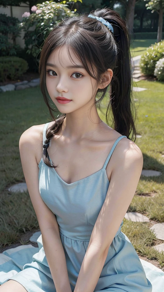 collared dress,European park,On the lawn,One woman,masutepiece, The highest image quality, High quality, the background is clear,Beautiful woman, Japanese,Ultra-detailed, finely detail, hight resolution, 8K Wallpaper, Perfect dynamic composition, Beautiful detailed eyes , Detailed, Detailed eyes, Detailed skin, Beautiful skin, 超hight resolution, (reality: 1.4),Very beautiful woman, Slightly younger face, Beautiful skin, slender, (Ultra photo realsisim), (hight resolution), (8K), (Very detailed) (beautifully detailed eyes), (super detailed), (Detailed face), view the viewer, Fine details, Detailed face, Staring straight ahead, Staring straight ahead, photos realistic, Bright lighting, Professional Lighting, Black hair,poneyTail,a baby face,sixteen years old,Hairstyle: ponytail,Long ponytail hairstyle,slight smile,neat and tidy clothing,Beautiful Japanese KPOP idol photo, hair style is ponytail, my eyes are double and wide, baby face, smile and look straight ahead, slender, small breasts,Close up face,