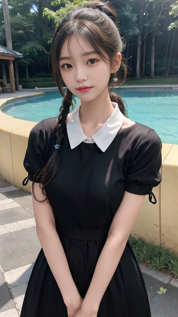 collared dress,European park,On the lawn,One woman,masutepiece, The highest image quality, High quality, the background is clear,Beautiful woman, Japanese,Ultra-detailed, finely detail, hight resolution, 8K Wallpaper, Perfect dynamic composition, Beautiful detailed eyes , Detailed, Detailed eyes, Detailed skin, Beautiful skin, 超hight resolution, (reality: 1.4),Very beautiful woman, Slightly younger face, Beautiful skin, slender, (Ultra photo realsisim), (hight resolution), (8K), (Very detailed) (beautifully detailed eyes), (super detailed), (Detailed face), view the viewer, Fine details, Detailed face, Staring straight ahead, Staring straight ahead, photos realistic, Bright lighting, Professional Lighting, Black hair,poneyTail,a baby face,sixteen years old,Hairstyle: ponytail,Long ponytail hairstyle,slight smile,neat and tidy clothing,Beautiful Japanese KPOP idol photo, hair style is ponytail, my eyes are double and wide, baby face, smile and look straight ahead, slender, small breasts,Close up face,