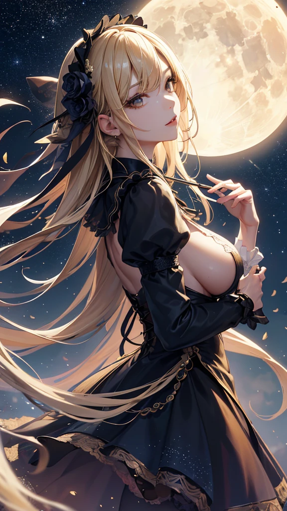 masterpiece, high quality, 4K, Beautiful design, silhouette,blonde, 非常に詳細な夜のStarry Sky,Flower Field, wonderful, Finer details, Very knowledgeable woman, Highly detailed solo, 1 female,Big Breasts,Gothic ta Fashion,Night view,Starry Sky,full moon,