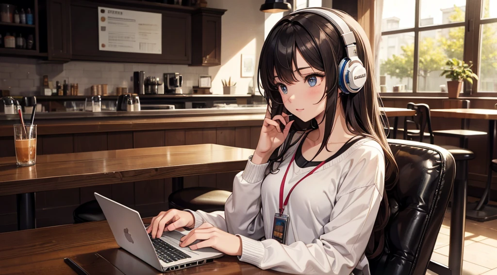 Girl with headphones enjoying music in a cafe I am studying Emphasize a little bit of the chest
