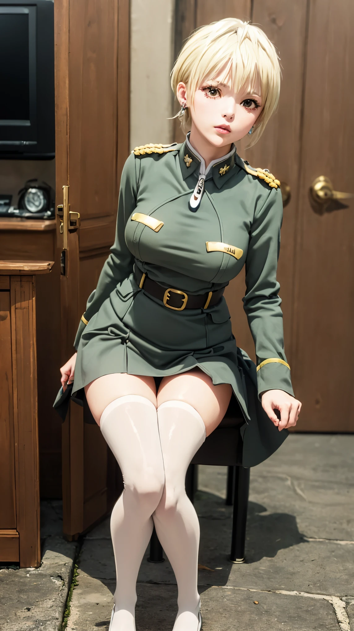 A female officer is raped by a male soldier、Forced sex、(masterpiece: 1.3), (Maximum resolution: 1.2), (Ultra HD TV: 1.2), Cinematic Light, 8K resolution, Detailed facial features , (Sharp focus: 1.2),Perfect Style, Beautiful Face, Acura, Anatomically correct, Highly detailed face and skin quality感, Beautiful Eyes,ThroughkBright Eyes, Natural Cheeks, Glowing Skin, (Glossy Lips: 1.4),、 (A 恥ful expression: 1.2),Highly detailed face and skin quality, Natural Cheeks, , Glossy Lips,Exposed cleavage、(White mucus on chest:1.6)(White mucus on thighs:1.6)、Exposed shorts、Wet underwear、、Please open your knees、Spread your legs、、Sparkly little earrings and necklace、Disheveled clothes、stockings、Drenched in sweat、stockings , Clean woman,1 person、blonde、Blonde、Blue-gray eyes、Green-gray eyes,(Miniskirt military uniform:1.4)、Soft Breasts、Healthy legs、Bare thighs、Close one eye、Model Body Type