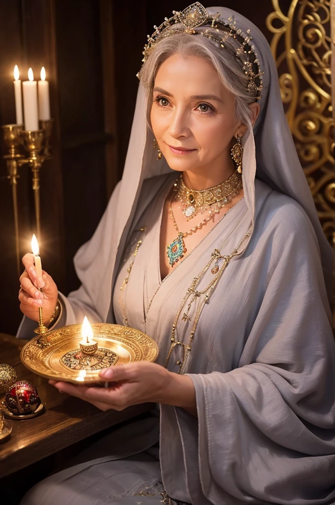 
"Create an image of an elderly woman who is a fortune teller. She has a mystical and wise appearance, with short, gray hair and piercing Brown eyes. She is wearing traditional, colorful robes adorned with intricate patterns and jewelry. The setting is a dimly lit room filled with mysterious objects like crystal balls, tarot cards, and candles. The atmosphere is magical and mysterious.Gentle smile、