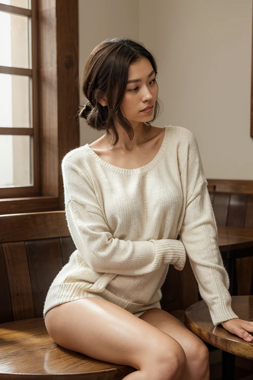 A serene indoor scene featuring a Japanese woman in her 50s in a cozy café. The woman is wearing a white, thin-knit sweater that is semi-transparent, showing the contours of her body. The sweater has a crew neck. She has short, dark hair that reaches her shoulders. Her pose is relaxed, with her left hand lightly touching the edge of a wooden table and her right hand resting naturally by her side. She is facing slightly left, looking downwards, so her facial expression is not visible. The café has a warm, inviting atmosphere with soft lighting that highlights the delicate texture of the sweater and the smoothness of her skin. The overall ambiance is elegant and tranquil.