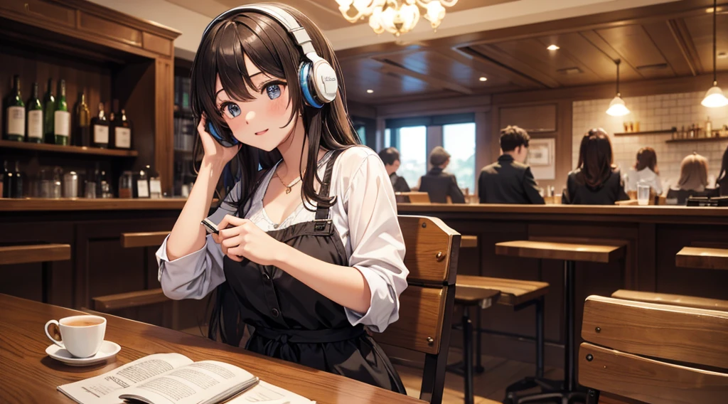 Girl with headphones enjoying music in a cafe I am studying Emphasize a little bit of the chest