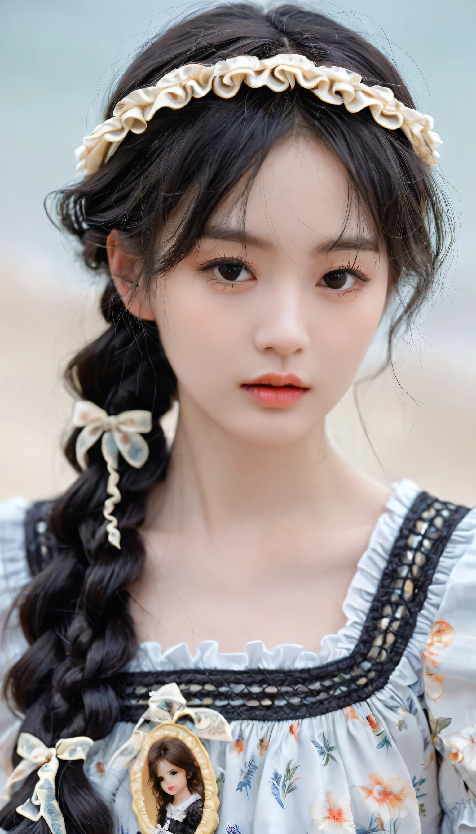best quality, Super No, Reality, Photography of a beautiful woman, 30 years old teenage years, Delicate face, Black messy fishtail braid, (Delicate porcelain doll,Elaborate clothing with lots of ruffles and ribbons), beach, (Close-up of face), Attractive appearance, Looking at the audience