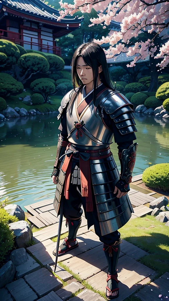 O Samurai: a robust warrior, dressed in traditional samurai armor, standing with a majestic and serene posture.
with sword: A shining katana, with intricate details on the guard and blade, supported vertically on the floor, reflecting sunlight.
the environment: A peaceful Japanese garden in the background, with cherry blossom trees and a small serene lake.
atmosphere: The clear blue sky contrasts with the seriousness of the scene., while white clouds float gently.
Facial expression: The samurai has an expression of introspection and determination, with half-closed eyes and a slight frown.
armor details: The armor is made of polished metal and decorated with traditional Japanese symbols., showing years of battles and honor.
Body Position: The samurai is on his knees, with one hand resting on the sword and the other resting on the thigh, denoting a moment of deep reflection and respect.
Background Scenario: Ao longe, misty mountains stand out in the landscape, evoking a sense of distance and vastness.