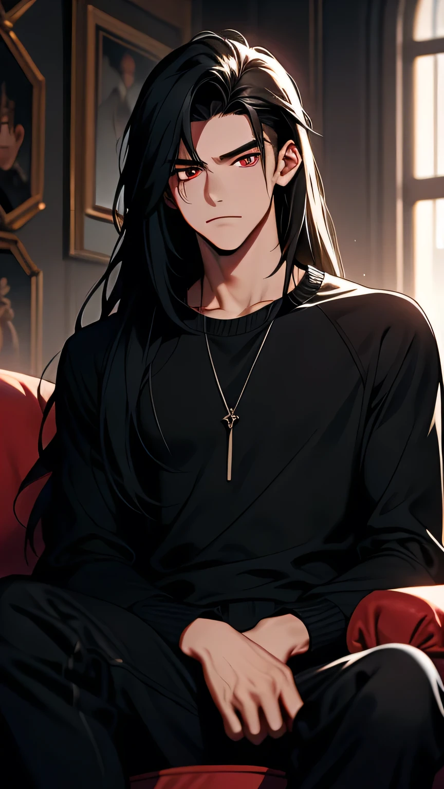 19 year old guy with long hair., He has red eyes and black hair, he has black skin and straight hair, He has a depressed expression on his face, He is wearing a black sweatshirt, black jeans and All Star sneakers. He is sitting on the sofa, Arms crossed over his chest., The environment around it resembles a luxurious old mansion..