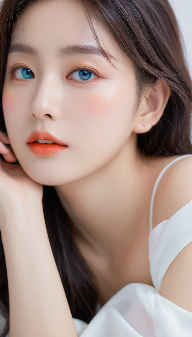 16k ultra-fine CG wallpaper, masterpiece, Excellent image quality, 超Exquisite), (Excellent lighting, Exquisite), Really smooth skin, Bright face, 18K close-up perfect display, Change, Lovely, 穿着Exquisite无袖衬衫和长裙的女孩, Lying on the big white bed, Colorful jewel-like eyes.