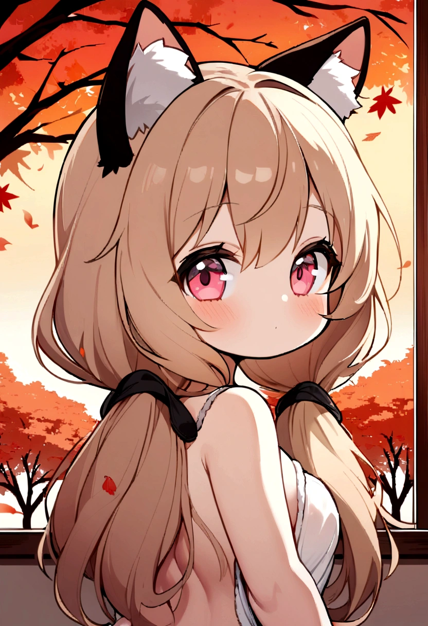 1girl, , long hair, low twintails, fuzzy twintails, light brown hair, cat ears, animal ear fluff, pink eyes, bedroom, window, cherry blossoms, autumn,falling leaves,maple trees, dawn, portrait, upper body, chibi, don't wear clothes, show her ass