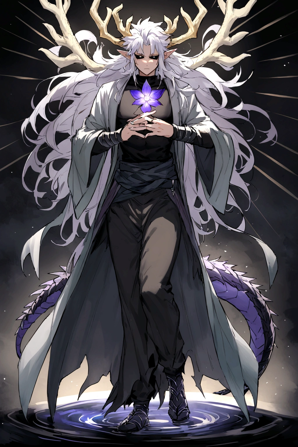 Solo, male , Character fusion: Nibelung fused with nidhoggr, odin and sun wukong, tall tanned man with wild unruly white hair, bangs on face, bangs, ((iridescent irises)), black sclera on eyes, long voluminous hair, spiky hair, pointy ears, fit , clawed fingers, dragon tail, open haori, turtleneck tanktop, dark crystal antlers, exhausted expression, khaenr'ah abyss, draconic person, calamity incarnate, full body