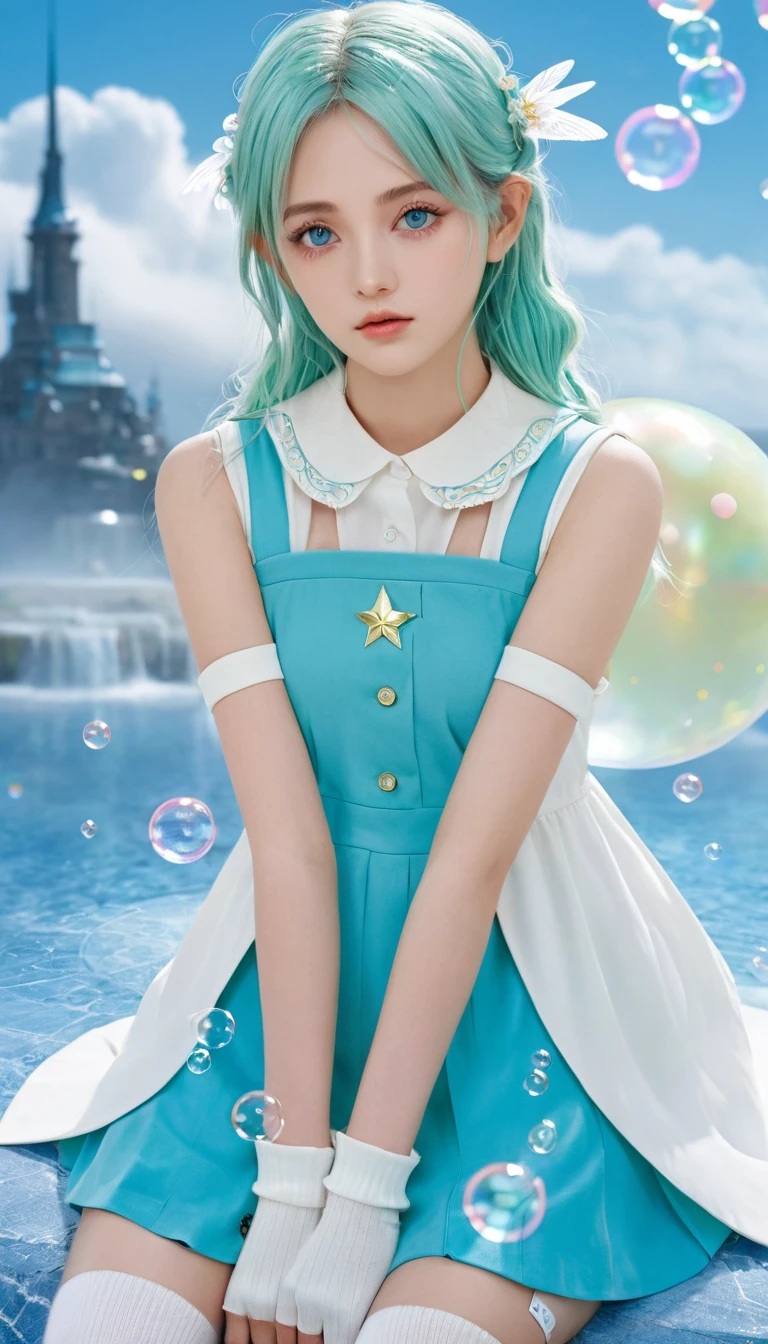 (masterpiece), (best quality), (Official Art, Extremely detailed CG unity 8k wallpaper), (Very detailed), ((absurd)), 1 Girl, Medium shot, (Exquisite facial features),(Seraph:1.3) ((SFW)),((Clear Hands)), ((White knee-high socks(No shoes))),Aqua eyes, Colored contact lenses, star in eye, (((Colored bubbles))), Multicolored Glass, (The album cover)