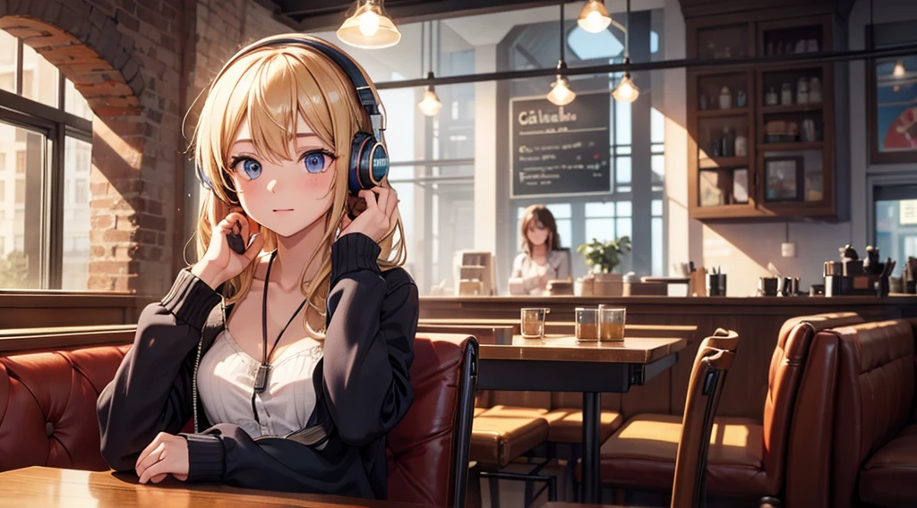 Girl with headphones enjoying music in a cafe I am studying Emphasize a little bit of the chest