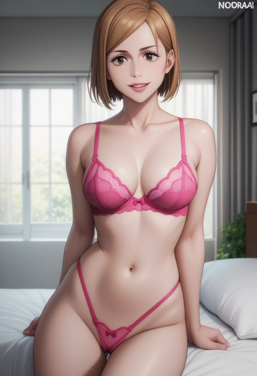 score_9_up, score_8_up, score_7_up, 1girl, solo, mature female, Nobara Kugisaki, brown bob hair, brown eyes, pink lips, parted lips, fit slim body, perfect medium erected breast, (((pink lingerie))), bedroom, looking at the viewer, perfect model body, naughty smile, lying on the bed, (((taking off her pink thong and showing her nude pussy))),