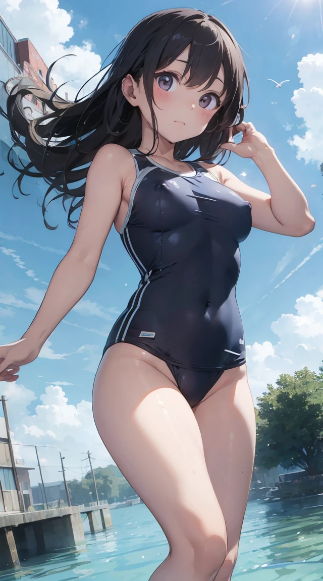 School swimsuit、Floating nipples、Embarrassed、