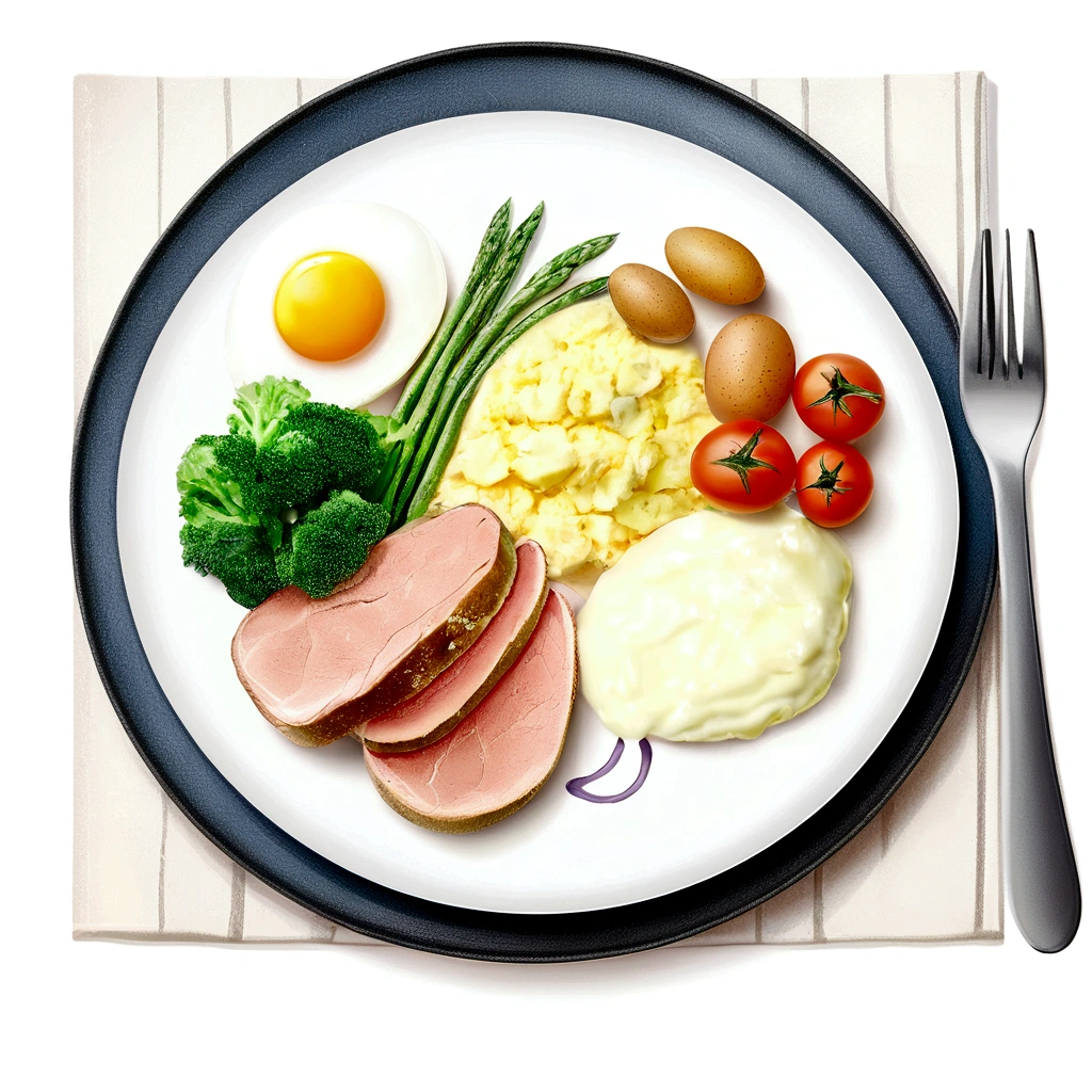 ((best quality)), ((masterpiece)), (detailed), water color style, create a picture of healthy food on a plate. The food consist of, Eggs, bread, potatoes, glass of milk, meat, chicken meat, some vegetables, against brilliant white background, isolated white 8k, high resolution,