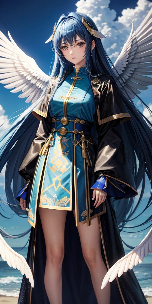 Highest quality, ((Blue sky background)), 光の女god, god々, (Big wings of angels on the back), Hair style: Long straight, Hair is waist-length, ((Don't tie your hair up)), (Glossy blonde), Eye color is green, round face, (((Bright expression)), Large Breasts: 0.85, Chubby: 0.90, (((White Fantasy Robe)), The clothes are decorated with gold,