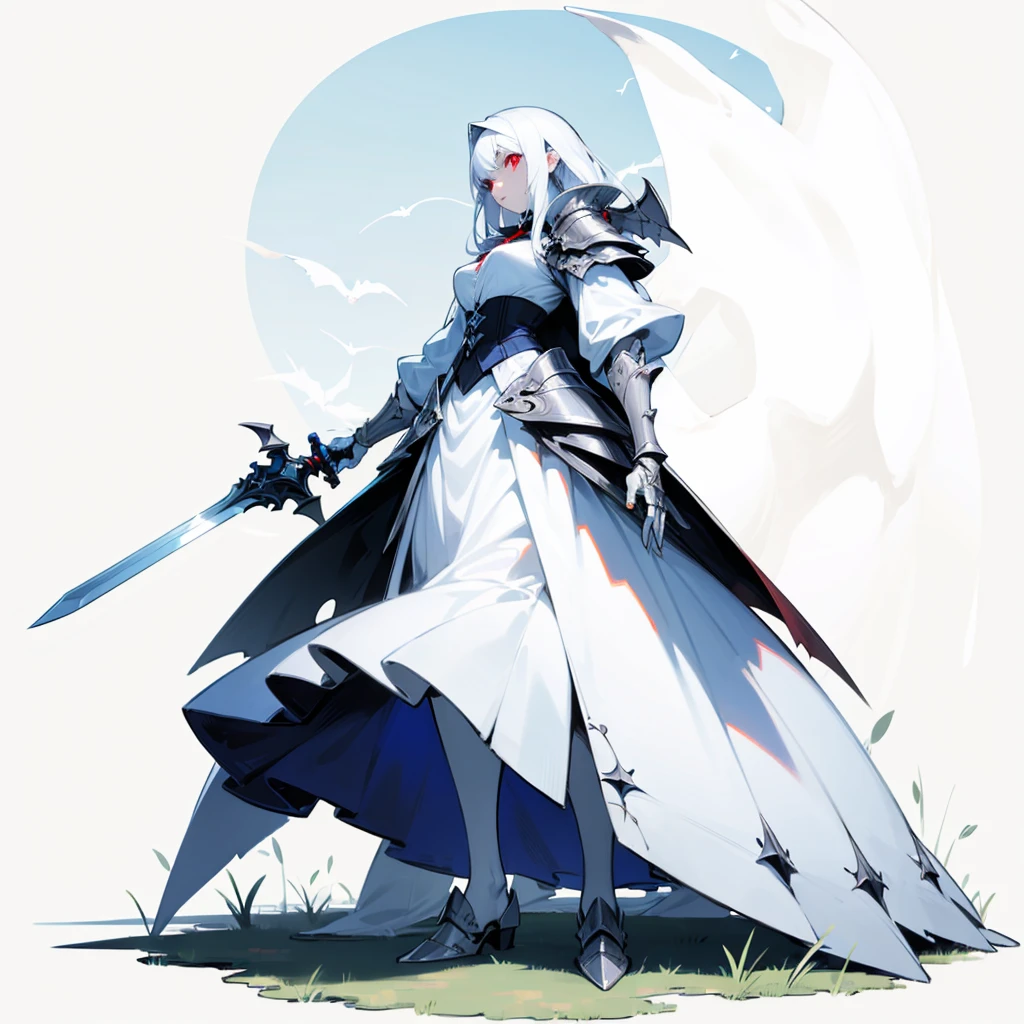 (Random Evolution, Colossal white bird mixed Vampire), silver armor body, (carrying a sword), full body version, (silver hands), full blue colour skins, (red eyes), (Grassroots), no background