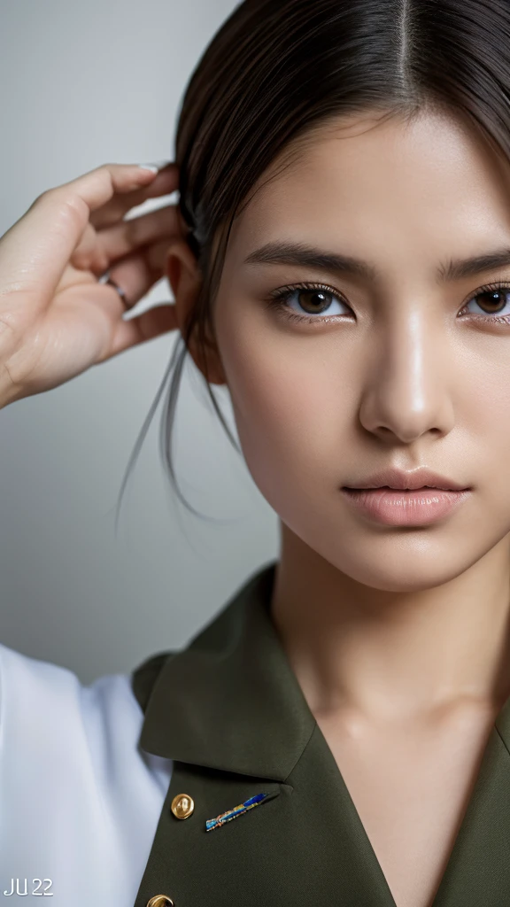 (16K, RAW Photos, Highest quality, Masterpiece 1.2), Professional photos, Hyperrealism, Ultra-high resolution, Highly detailed face, Detailed skin, Anatomically correct, Highly detailed nose, Very elaborate legs, High detail, Film aesthetics, number々Award-winning photos of, Beauty with attention to detail, Accurate, Beautiful Japanese Women, soldier, (Shaved Head 1.2), uniform