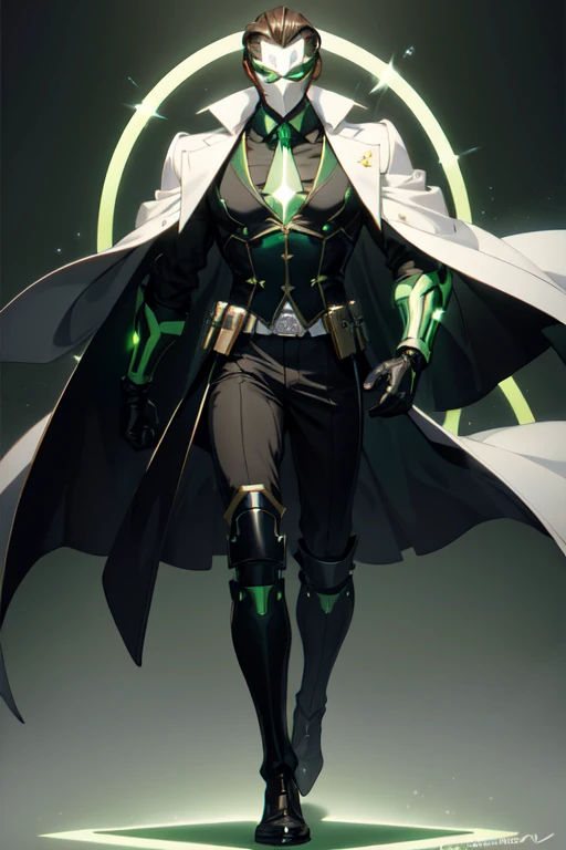 ((best quality)), ((masterpiece)), (detailed), 1 man, full body, 30s, masked, long brown hair slicked back, white superhero mask with green details, small diamond on forehead, glowing green eyes, black collar, tall, thin, long dark grey trench coat, open grey trench coat showing his chest, black gloves, grey wristbands, suit, white shirt, dark green suit vest, black pants, grey knee pads, black shoes, belt, floating, green light flashes, green light background, anime
