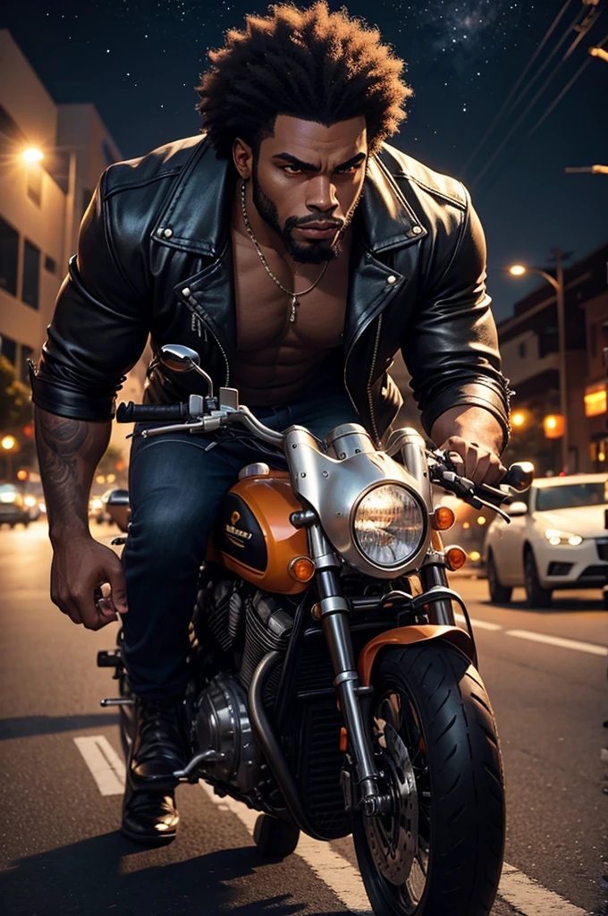 A muscular and sensual young wild afro black werewolf wearing leather jacket and driving a big super classic road bike down a deserted road at night with an evil entity watching among the stars