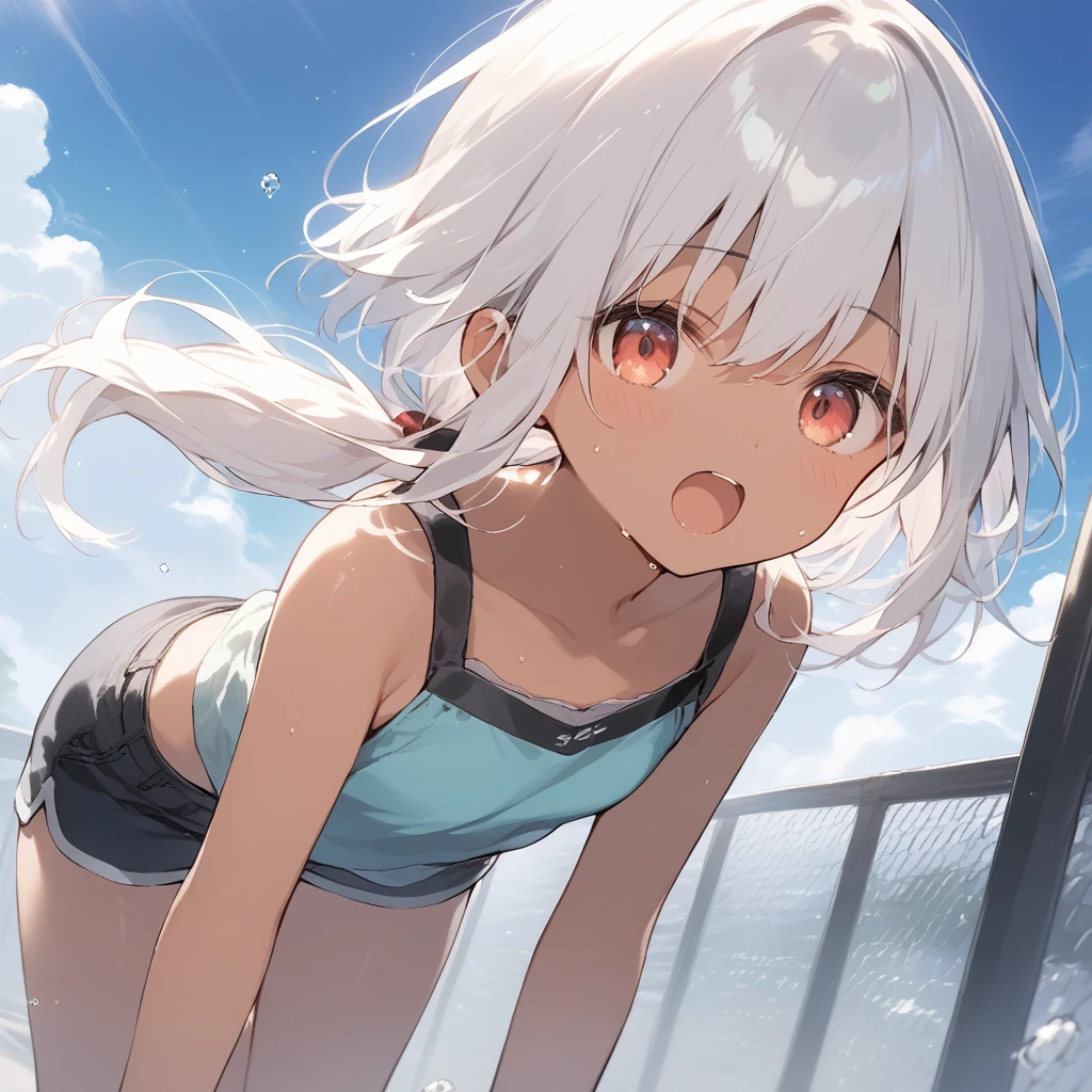 score_9, score_8_up, score_7_up, source_anime, best quality, masterpiece, official art, absurdres, highres, ultra-detailed,waifu2x,Collection: Slice of Life,break,1girl, tomboy, dark-skinned female, short hair, low ponytail, flat chest, beautiful detailed eyes, short shorts, sweat, open mouth, (yawn:0.3), sleepily, outdoors, wind, break,(clear line illustration:1.2),very high resolution, very aesthetic, super detailed skin, Best sexual lighting powered by famous artist, 8k,cute picture,beauty illustration,photoshop_(medium),,(Detailed Lighting),best anime 8k konachan wallpaper, pixiv contest winner, 