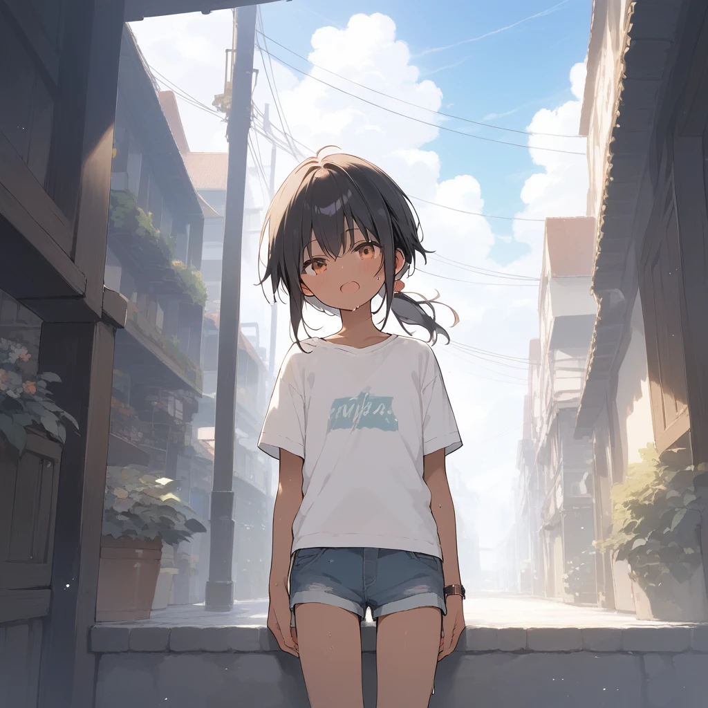 score_9, score_8_up, score_7_up, source_anime, best quality, masterpiece, official art, absurdres, highres, ultra-detailed,waifu2x,Collection: Slice of Life,break,1girl, tomboy, dark-skinned female, short hair, low ponytail, flat chest, beautiful detailed eyes, short shorts, sweat, open mouth, (yawn:0.3), sleepily, outdoors, wind, break,(clear line illustration:1.2),very high resolution, very aesthetic, super detailed skin, Best sexual lighting powered by famous artist, 8k,cute picture,beauty illustration,photoshop_(medium),,(Detailed Lighting),best anime 8k konachan wallpaper, pixiv contest winner, 