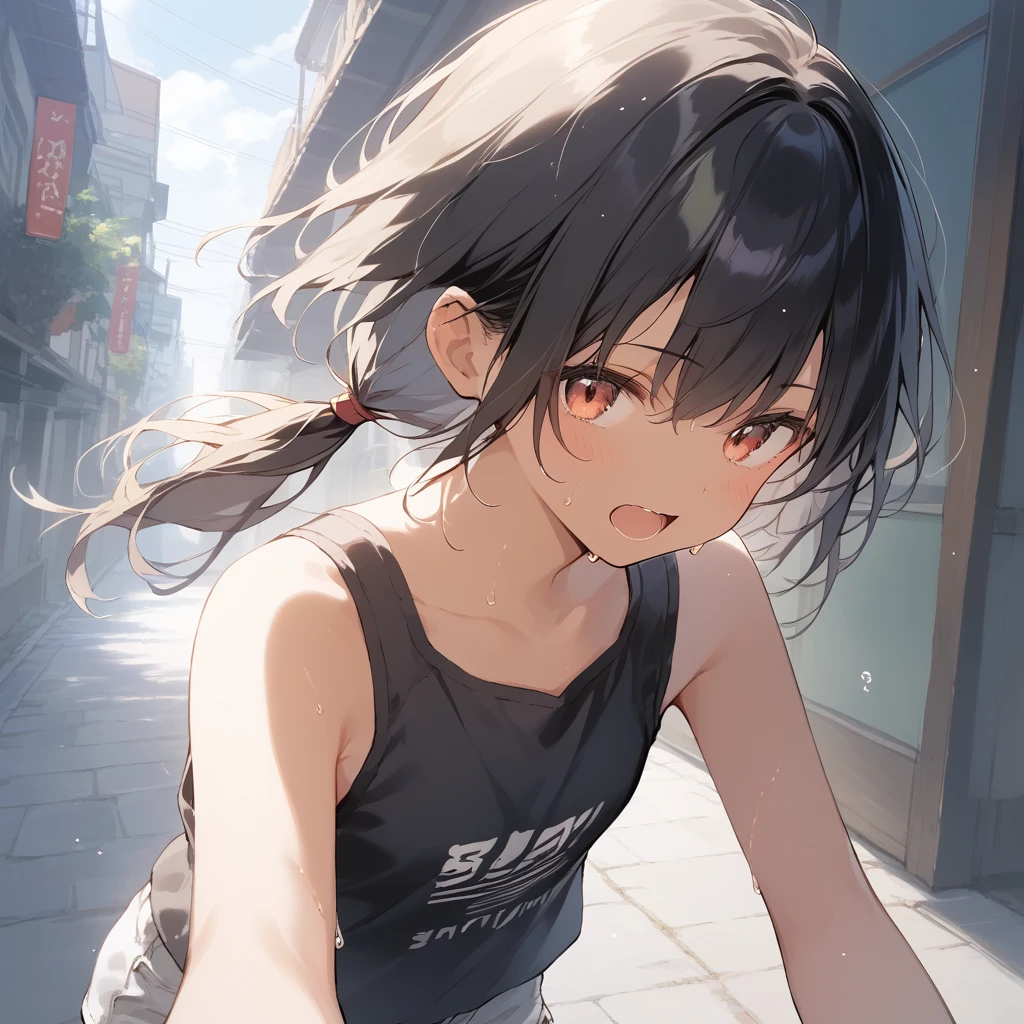 score_9, score_8_up, score_7_up, source_anime, best quality, masterpiece, official art, absurdres, highres, ultra-detailed,waifu2x,Collection: Slice of Life,break,1girl, tomboy, dark-skinned female, short hair, low ponytail, flat chest, beautiful detailed eyes, short shorts, sweat, open mouth, (yawn:0.3), sleepily, outdoors, wind, break,(clear line illustration:1.2),very high resolution, very aesthetic, super detailed skin, Best sexual lighting powered by famous artist, 8k,cute picture,beauty illustration,photoshop_(medium),,(Detailed Lighting),best anime 8k konachan wallpaper, pixiv contest winner,