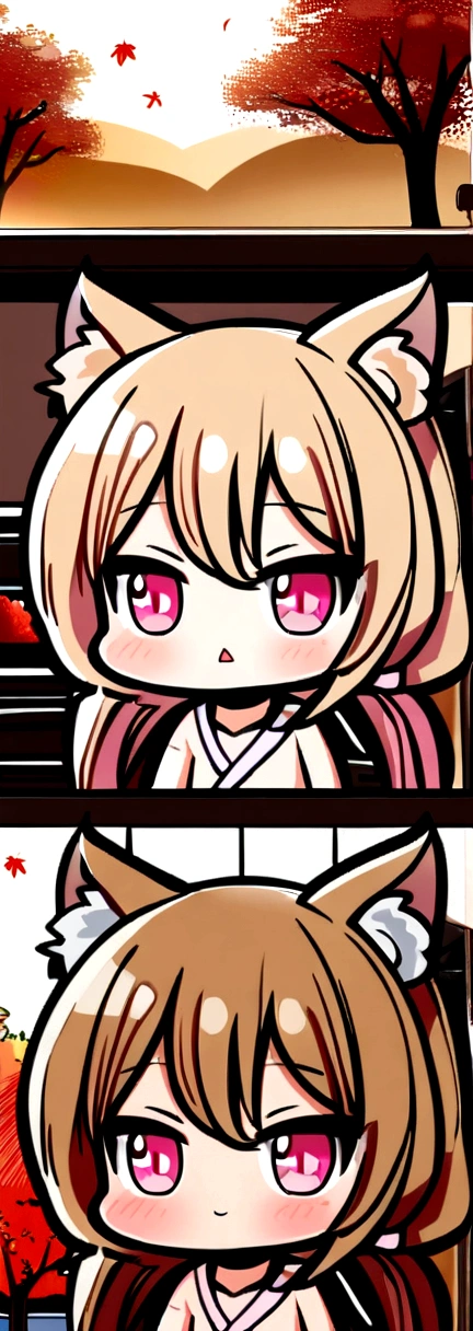 1girl, , long hair, low twintails, fuzzy twintails, light brown hair, cat ears, animal ear fluff, pink eyes, bedroom, window, cherry blossoms, autumn,falling leaves,maple trees, dawn, portrait, upper body, chibi, don't wear clothes, show ass