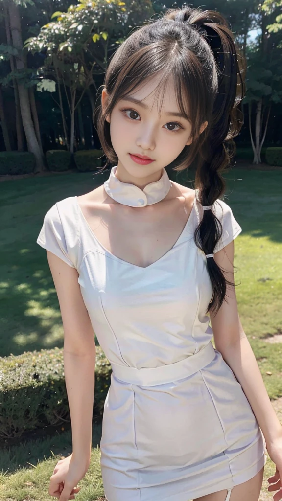 collared dress,European park,On the lawn,One woman,masutepiece, The highest image quality, High quality, the background is clear,Beautiful woman, Japanese,Ultra-detailed, finely detail, hight resolution, 8K Wallpaper, Perfect dynamic composition, Beautiful detailed eyes , Detailed, Detailed eyes, Detailed skin, Beautiful skin, 超hight resolution, (reality: 1.4),Very beautiful woman, Slightly younger face, Beautiful skin, slender, (Ultra photo realsisim), (hight resolution), (8K), (Very detailed) (beautifully detailed eyes), (super detailed), (Detailed face), view the viewer, Fine details, Detailed face, Staring straight ahead, Staring straight ahead, photos realistic, Bright lighting, Professional Lighting, Black hair,poneyTail,a baby face,sixteen years old,Hairstyle: ponytail,Long ponytail hairstyle,slight smile,neat and tidy clothing,Beautiful Japanese KPOP idol photo, hair style is ponytail, my eyes are double and wide, baby face, smile and look straight ahead, slender, small breasts,Close up face,