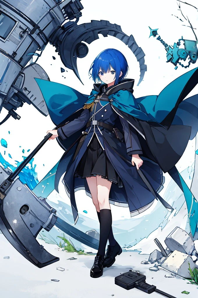 Girl、Blue hair short、Black cloak、German Officer Uniform